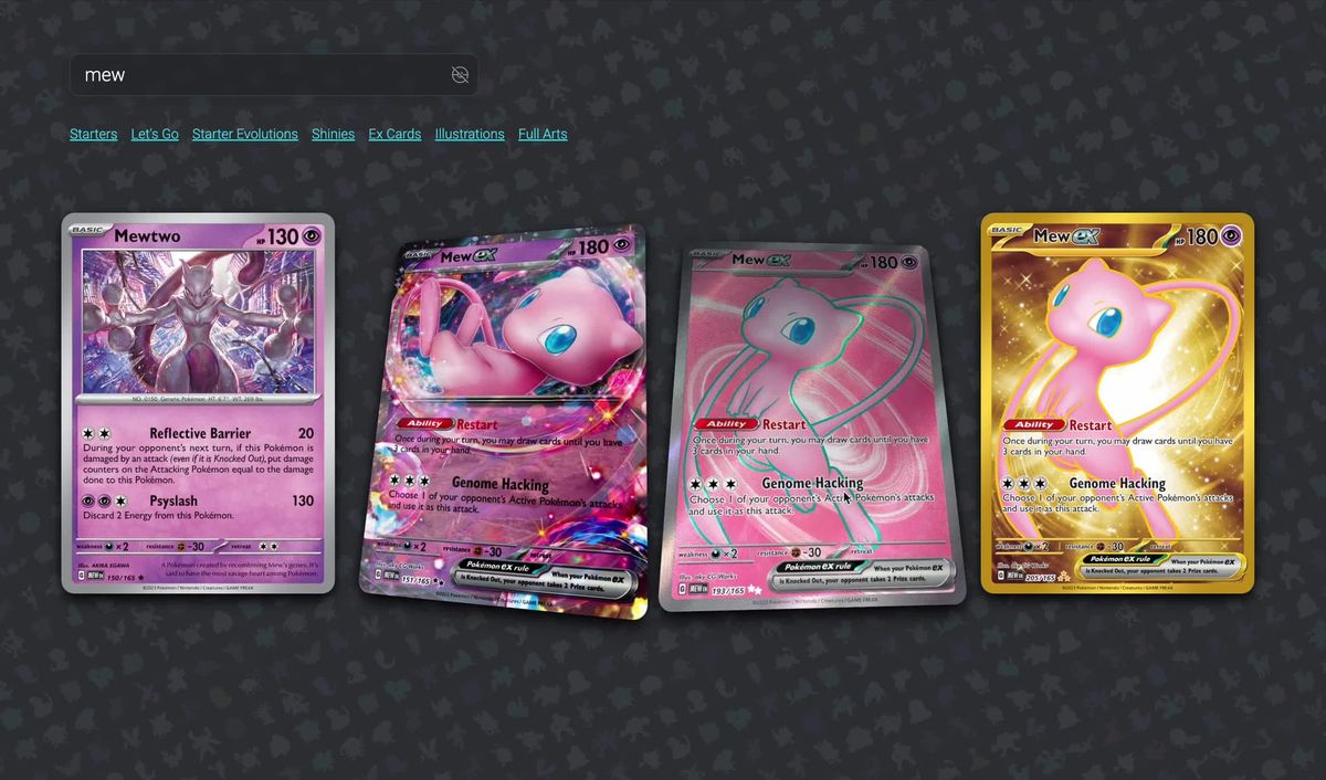 Pokémon Cards CSS 151 原作者展示中的超夢與三張夢幻卡牌