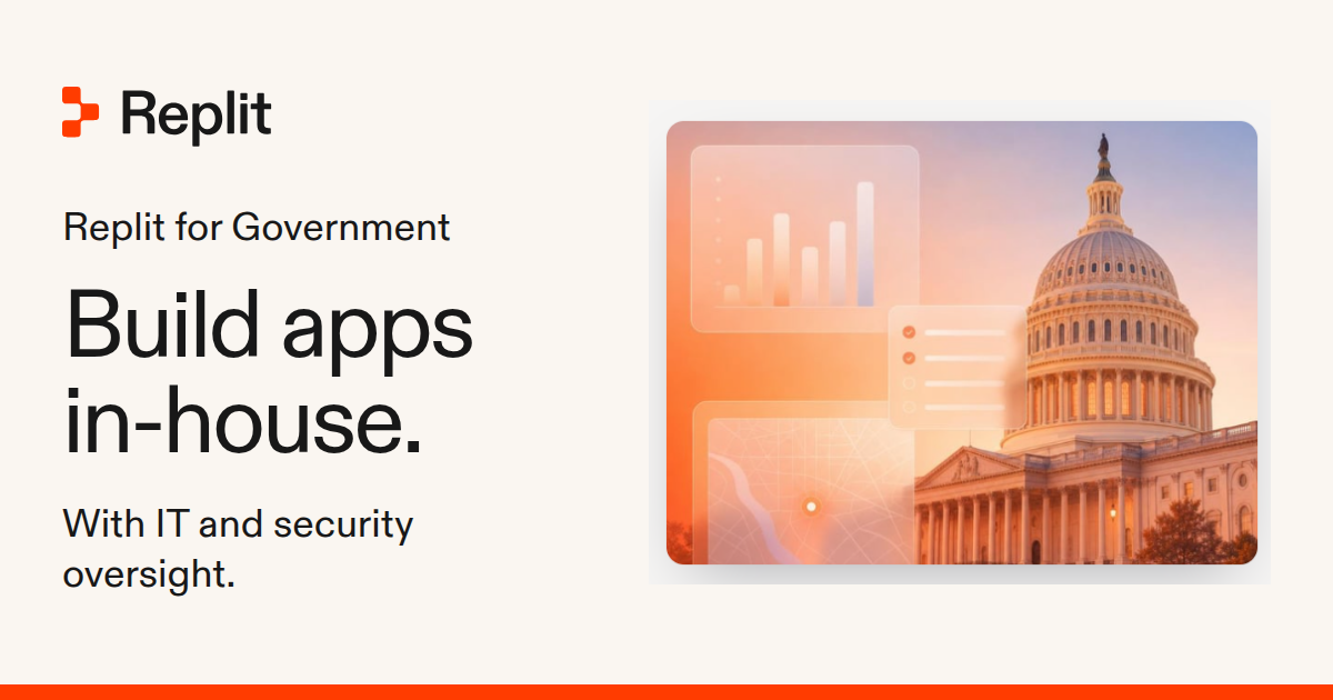 Replit for Government 官方宣傳圖，以國會建築與介面卡片示意公部門自建工具