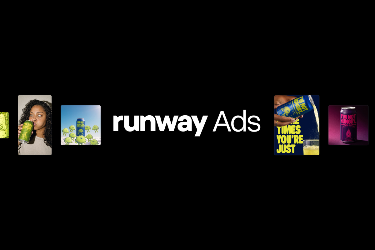 Runway Ads 官方主視覺與不同廣告素材示例。