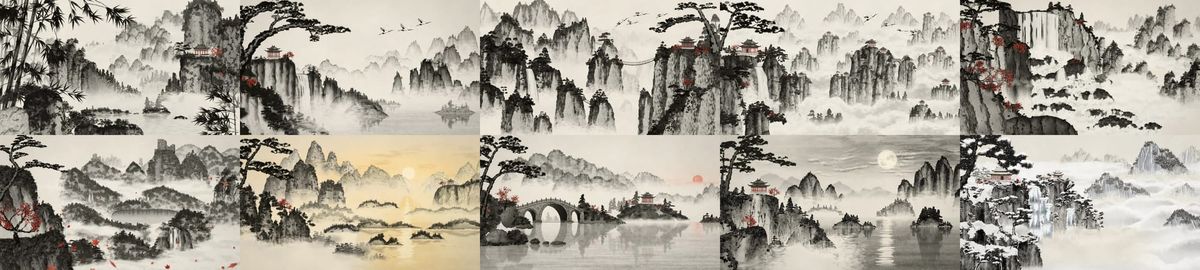 Shanshui 十幅程式繪製的水墨山水畫面並排，包含竹林、瀑布、石橋、明月與雪中寺廟