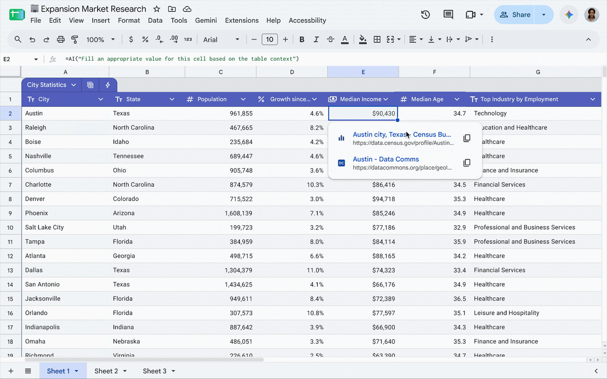 Google Sheets 官方動畫靜態畫面，顯示儲存格的網頁來源引用