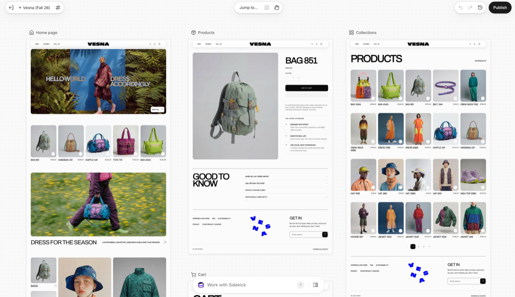 Shopify Canvas 畫布並排顯示首頁、商品與商品系列頁面