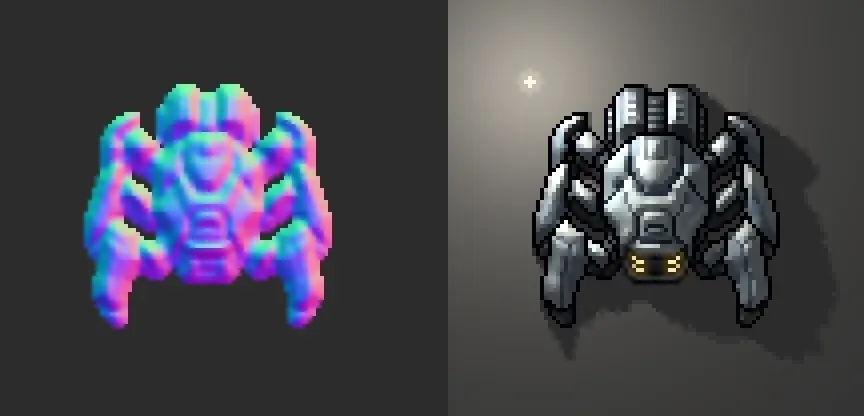 Sprite Normals 示範圖，左側是像素機甲的法線貼圖，右側是同一隻機甲在動態光源下的樣子