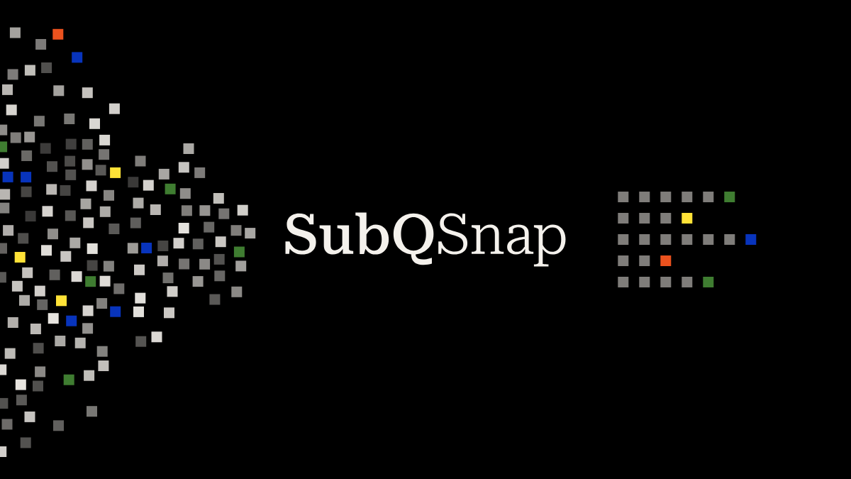SubQ Snap 官方黑色發布主視覺，模型名稱與彩色方格