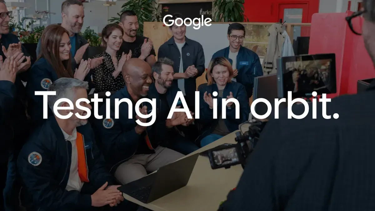 Google團隊圍看電腦，官方Suncatcher影片封面標示Testing AI in orbit