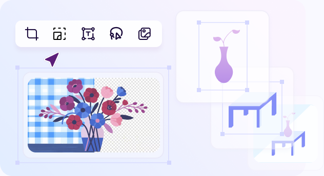 SurgePix 官方圖層分離示意，花瓶、背景與桌子呈現為可獨立處理的圖層
