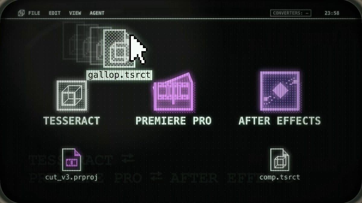 Mirage 官方 Tesseract 轉檔展示，畫面呈現 Tesseract、Premiere Pro 與 After Effects 專案格式