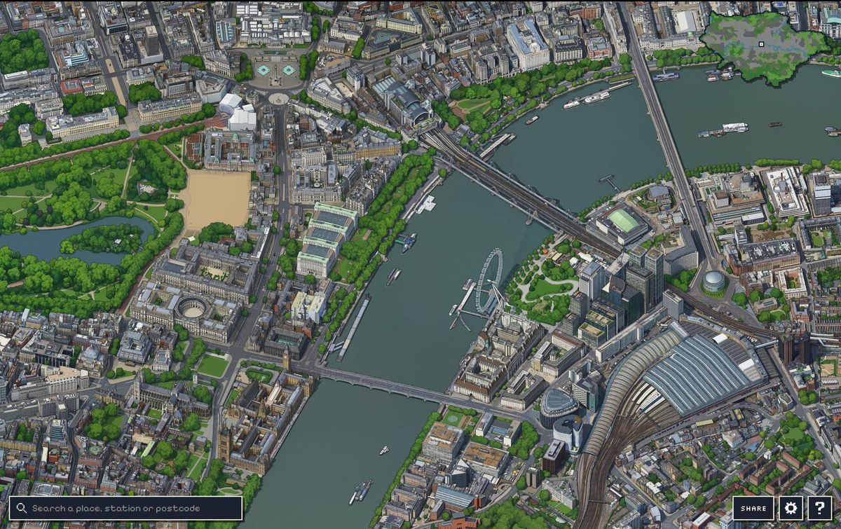 tiny.london 等距像素地圖中 Westminster 一帶的畫面，可見泰晤士河、倫敦眼與滑鐵盧車站