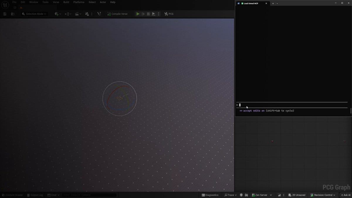 Unreal Engine 官方 MCP 示範中，編輯器視窗與代理終端機並排