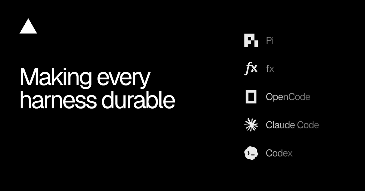 Vercel 官方部落格 Making every harness durable 封面，右側列出 Pi、fx、OpenCode、Claude Code 與 Codex 的標誌