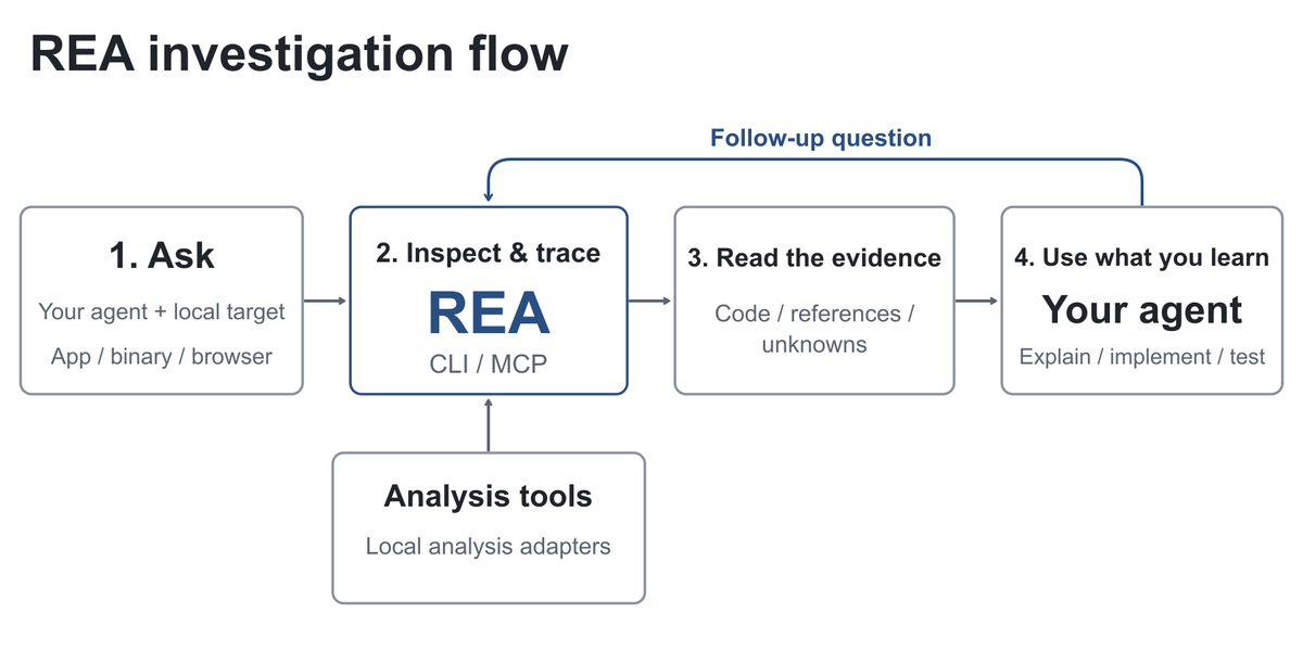 REA 官方調查流程圖：代理透過工具取得證據，再追問與驗證