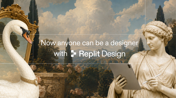 Replit Design 官方主視覺，古典雕像拿著平板，介紹 AI 設計工具