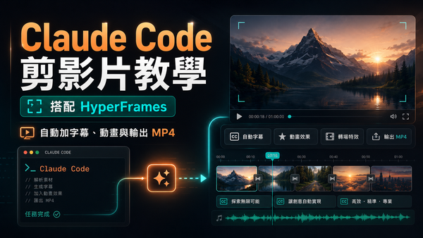 Claude Code 剪影片教學封面，搭配 HyperFrames 自動加字幕、動畫與輸出 MP4