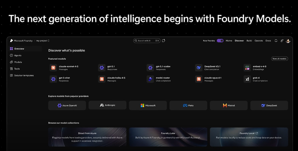Microsoft Foundry 顯示 Azure OpenAI、Anthropic、Microsoft、Meta、Mistral 等多家模型來源