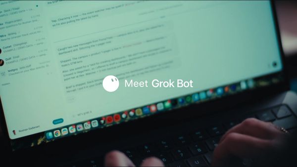 Grok Bot 官方發布影片中的 Meet Grok Bot 主視覺與電腦操作畫面