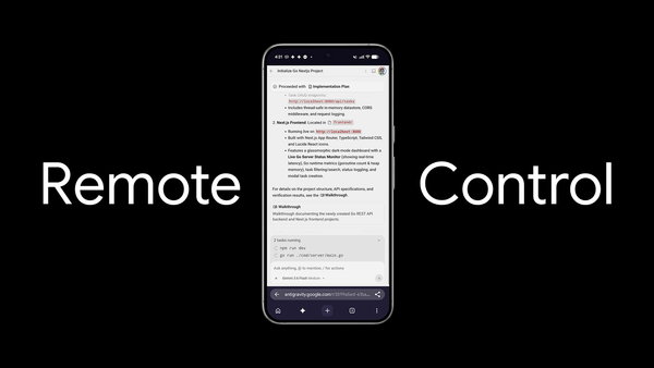 Google Antigravity Remote Control 官方封面，顯示手機遠端操作 Agent
