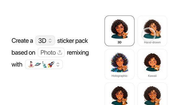 ChatGPT Stickers 選擇照片、3D 風格與混合素材的介面