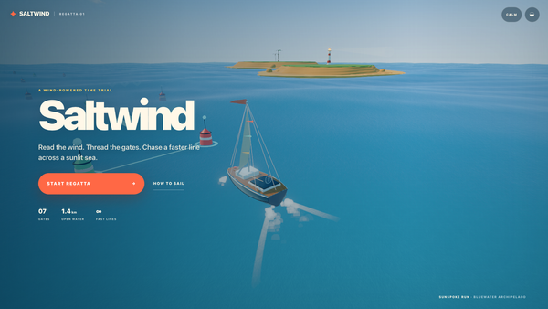 OpenAI GPT-5.6 官方展示的 Saltwind 互動帆船網站桌機版首頁