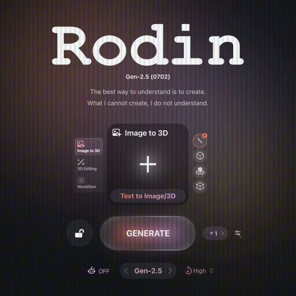 Hyper3D Agentic Mode 官方影片中的 Rodin Gen-2.5 介面，顯示 Image to 3D、3D Editing 與 WorldGen 工作路徑