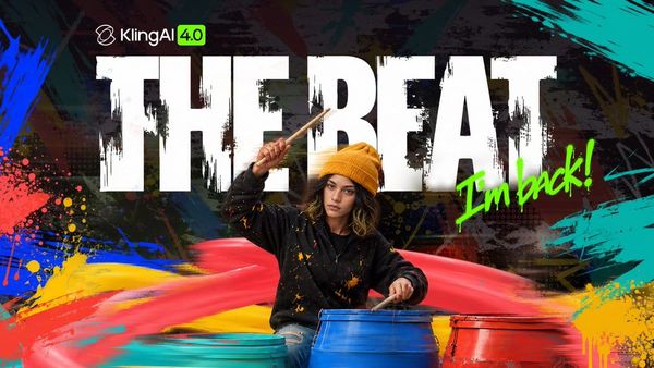 Kling AI 4.0 官方短片 THE BEAT 海報，一名鼓手坐在彩色鼓桶前