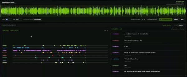 NVIDIA Nemotron 3 Diarization 官方示範介面顯示 8 位匿名說話者的聲音活動時間軸