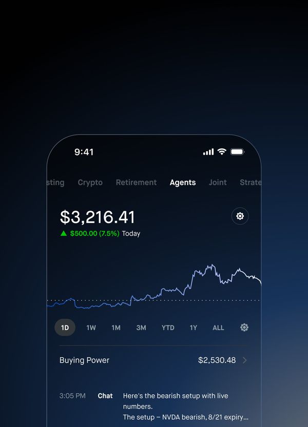 Robinhood 官方 Agents 專用帳戶示意，畫面包含帳戶金額與活動紀錄。