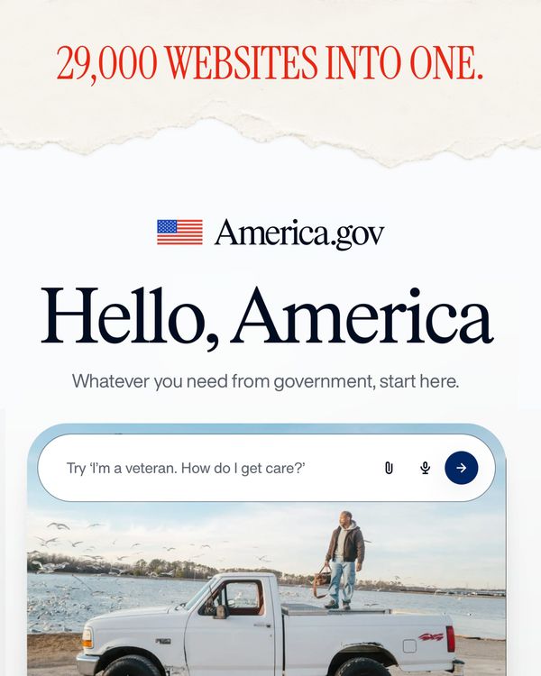 白宮官方 America.gov 宣傳圖，呈現統一入口與自然語言提問示意。