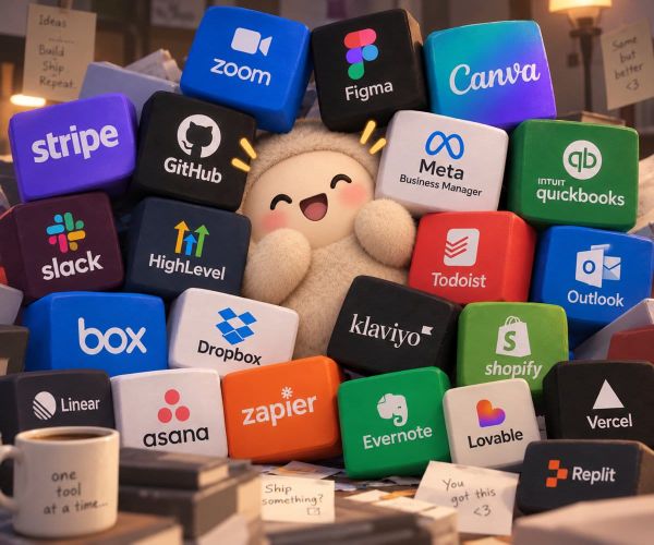 Muse 官方連接器圖片，角色周圍排列 Zoom、Canva、Stripe、Shopify 等品牌圖示。