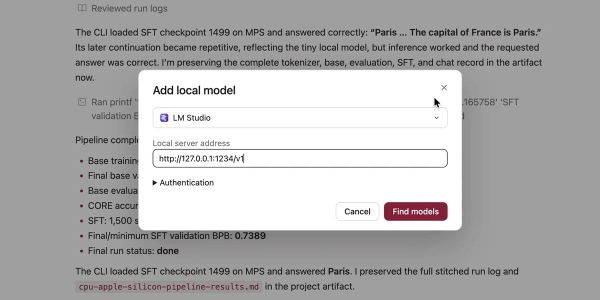 OpenResearch 官方介面示範新增 LM Studio 本機模型與服務位址。