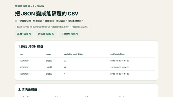 API 資料取得：從 YouBike JSON 轉成可篩選的 CSV