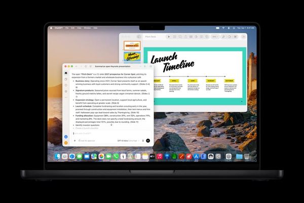 Apple 官方示意 ChatGPT 與 MacBook Pro 上的 Keynote 簡報連接。