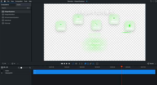 Remotion Studio 預覽 Codex 製作的 AI Agent 運作流程動畫，下方是時間軸