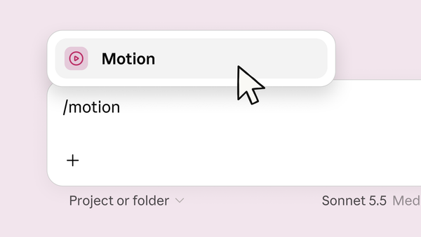 Claude 官方輸入框的 Motion 選項與 motion 指令，示範動畫作品入口