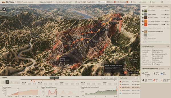 野火分析原型的地形、火勢路徑與時間軸