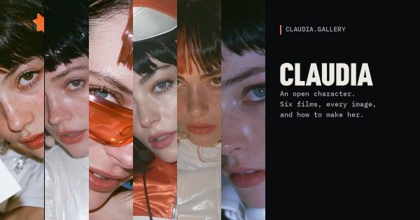 claudia.gallery 分享圖：六張 AI 生成的 Claudia 臉部特寫，右側標示 CLAUDIA 開放角色