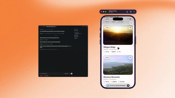 Cursor 官方影片截格，代理在 iPhone 模擬器操作登山應用的收藏按鈕