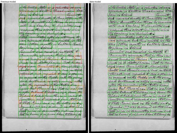 Datalab官方手寫掃描詞框比較，同一份文件呈現舊模型與新模型的框線及信心顏色