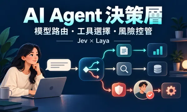 AI 生成示意：Agent 決策分流至工具、資料處理與人工確認的架構概念