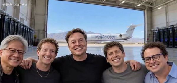 Wallstreet Boys：五位被 AI 做成男團的科技公司老闆搭肩合唱，背景是機庫與飛機