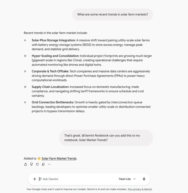 Google 官方示範把聊天內容加入指定 Gemini Notebook