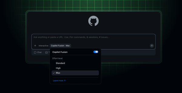 GitHub Copilot Fusion 官方模型選單，含 Standard、High、Max。