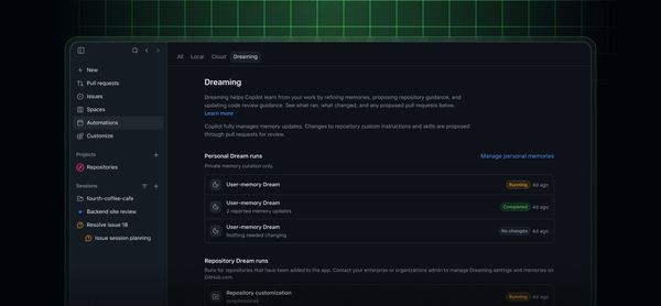 GitHub 官方 intelligence Dreaming 工作區與記憶管理畫面。