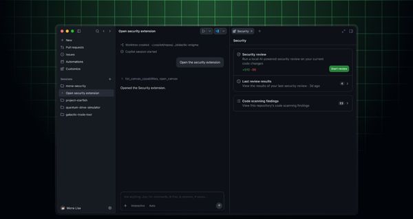 GitHub 官方 Security extension 畫面，並列 Copilot 與安全檢查工作區。
