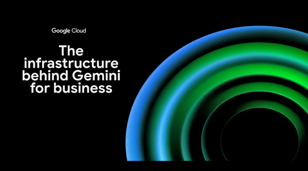 Google Cloud代理基礎設施公告封面，以藍綠同心圓呈現Gemini for business基礎設施
