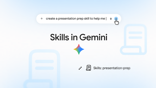 Google Gemini Skills 官方封面，呈現建立簡報準備技能的輸入框與 Gemini 標誌