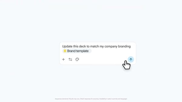 Google Slides 官方示範封面，Gemini 提示框要求依品牌範本更新整份簡報。