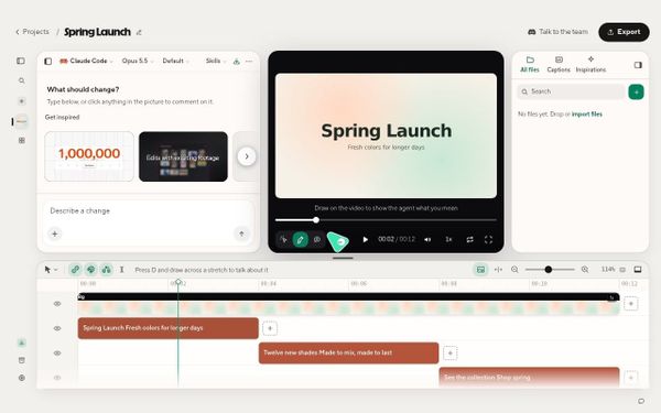 HyperFrames Studio 編輯介面，左側是 Claude Code 聊天，中間是影片預覽，下方是共用時間軸