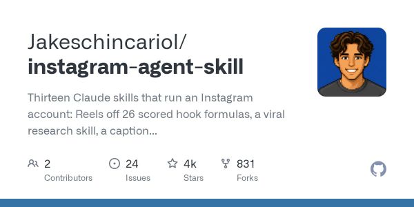 GitHub 專案 Jakeschincariol/instagram-agent-skill 的社群預覽圖