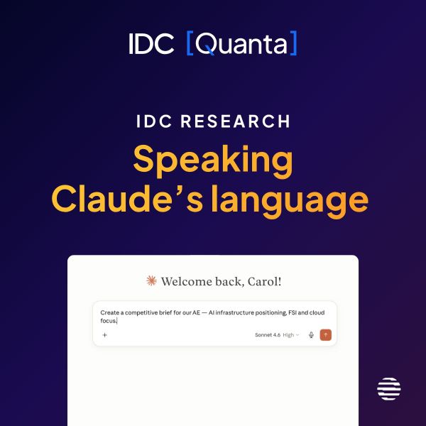 IDC 官方 Quanta 與 Claude 合作圖，含 Speaking Claude’s language 標語及介面。