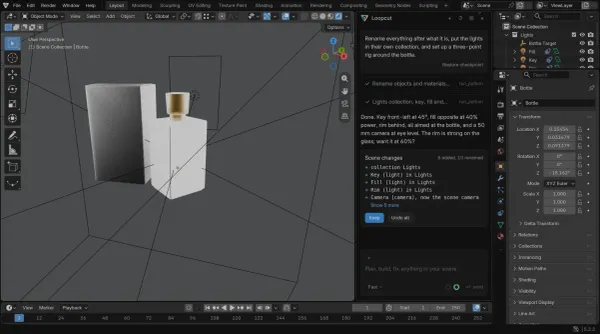 Loopcut 面板位於 Blender 視窗右側，列出三點打光的執行步驟與場景變更清單